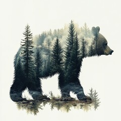 Obraz premium watercolor style,Design an artistic double-exposure digital illustration featuring a bear with a forest scene within its silhouette.