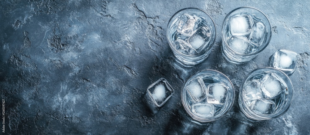 Poster three vodka glasses filled with ice cubes on a textured stone surface with ample space for text and 