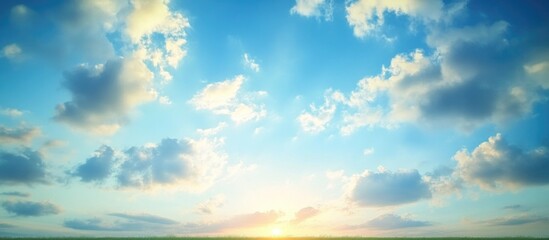 Summer morning sky with fluffy clouds and sunlight streaming through, creating a serene and peaceful atmosphere.