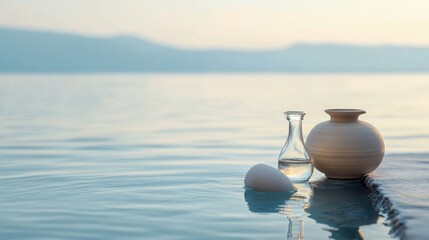Obraz premium Serene Spa Scene with Dead Sea Salt Beauty Essence Bottles and Decorative Jar Reflecting Calm Waters and Soft Natural Light