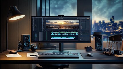 Naklejka premium Night Cityscape Video Editing Setup
