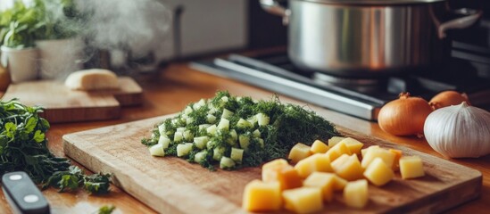 Preparation of ingredients for homemade nettle soup with chopped nettles, potatoes, and onions on a rustic kitchen counter