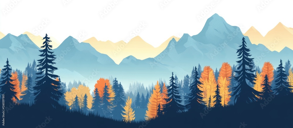 Poster colorful vector panorama of mountains and trees in autumn with space for text ideal for nature-theme