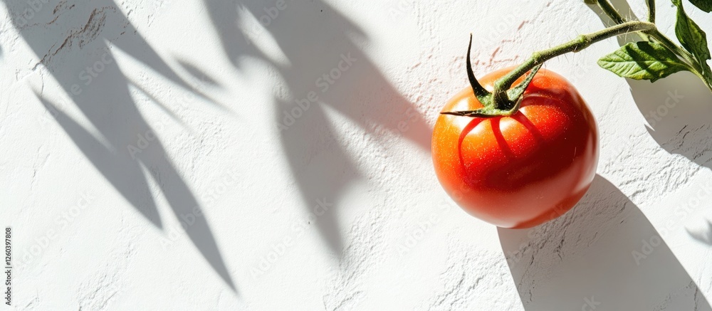 Poster ripe red tomato on a white background casting warm daylight shadows with ample empty space for text 