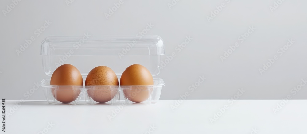 Poster brown eggs in transparent container on white surface with ample copy space for food related themes a