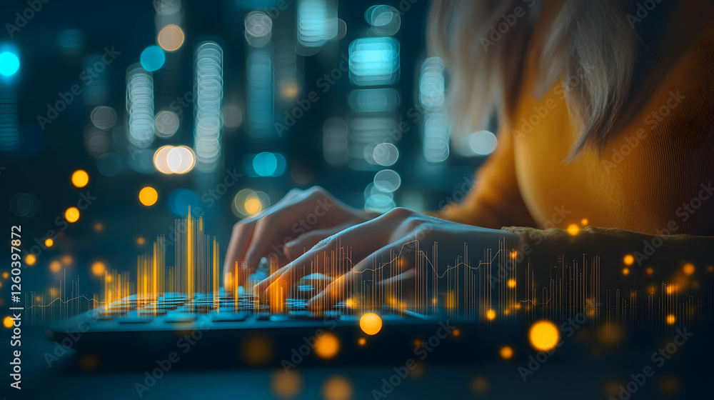 Poster woman's hands typing on a keyboard at night with data visualization overlay. the image depicts moder