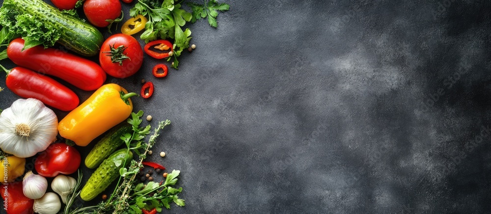 Poster colorful assortment of fresh vegetables with a dark textured background and empty space for text or 