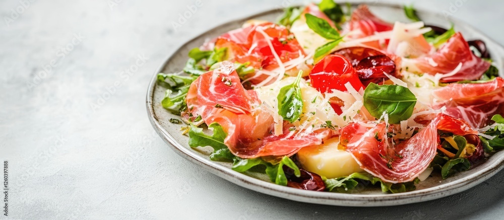 Aufkleber fresh vegetable salad topped with prosciutto and cheese on a rustic plate with room for text or adve