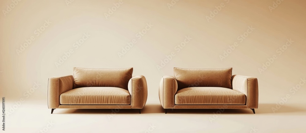 Poster stylish fawn colored sofas in a minimalistic space with ample empty area for creative text or advert