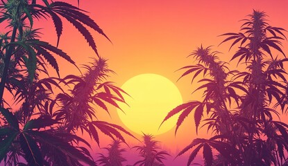 Cannabis Plants Bask in Vibrant Sunset, Golden Hour, Nature's Beauty, Serene Landscape, Peaceful Atmosphere, Tranquil Scene,  Relaxing View, Picturesque Setting, Botanical Wonders, Stunning Imagery