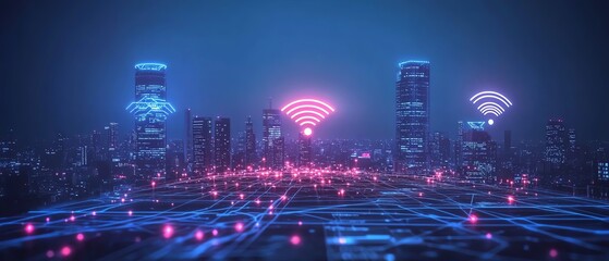 Fototapeta premium WiFi smart city with low poly wireframe, building automation and computer board, dark blue background with plexus lines and points representing wireless network connections