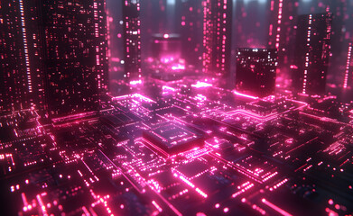 Obraz premium Neon Microchip City Grid | Futuristic Spinning Circuit | Cyberpunk Digital Network | Glowing Tech Innovation | Sci-Fi Data Flow | High-Tech Urban Matrix | Virtual Reality Animation | Smart City Motion