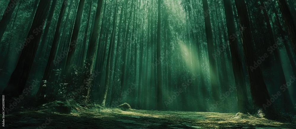 Poster majestic pine forest with sunlight filtering through tall trees creating a serene and enchanting atm