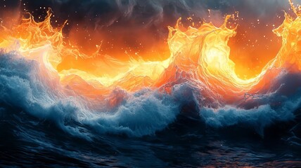 Fototapeta premium Dynamic ocean waves illuminated by fiery sunset hues, creating a stunning contrast of blue and orange, perfect for nature and adventure themes.