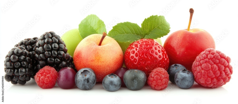 Poster colorful assortment of fresh fruits and berries arranged on a white background with ample space for 