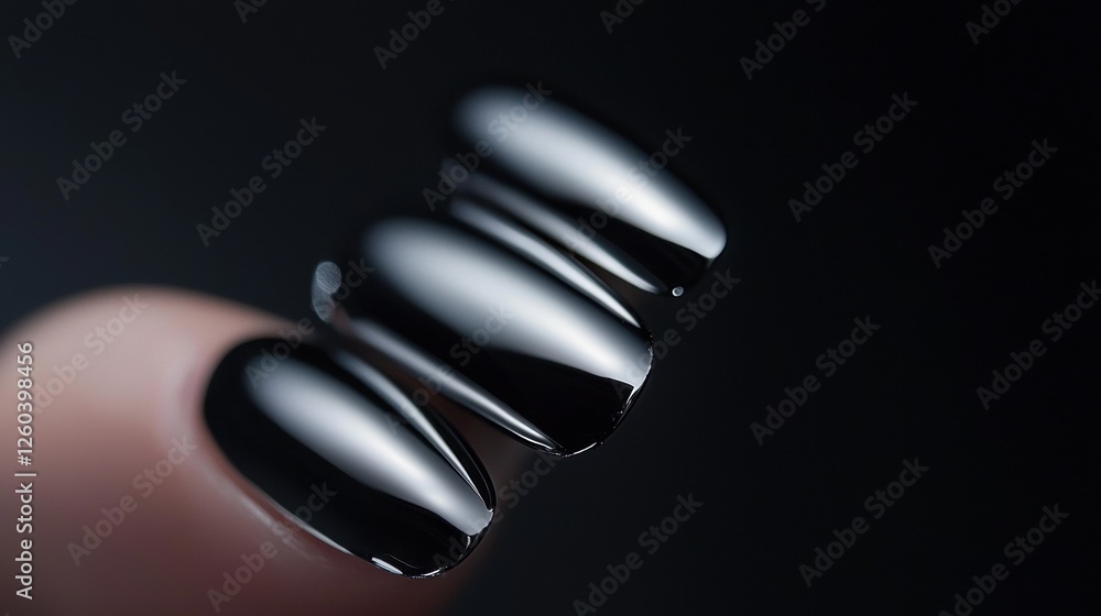 Poster close-up of a person's fingernails. the nails are painted black and have a glossy finish. the tips o