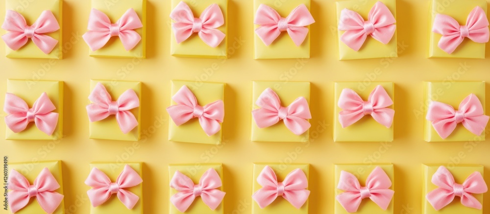 Aufkleber yellow gift boxes with pink bows arranged in a flat lay pattern creating a cheerful backdrop ideal f