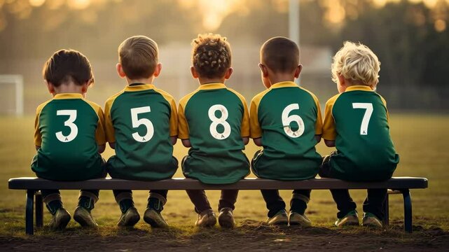 Back view of five kids in sports jerseys sitting on a bench, captured at sunset. Low-angle shot, ideal for a sports team video concept.