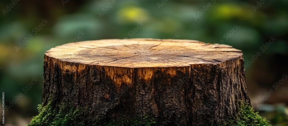 Poster wooden tree stump with moss in a forest environment highlighting natural decay and texture in close-