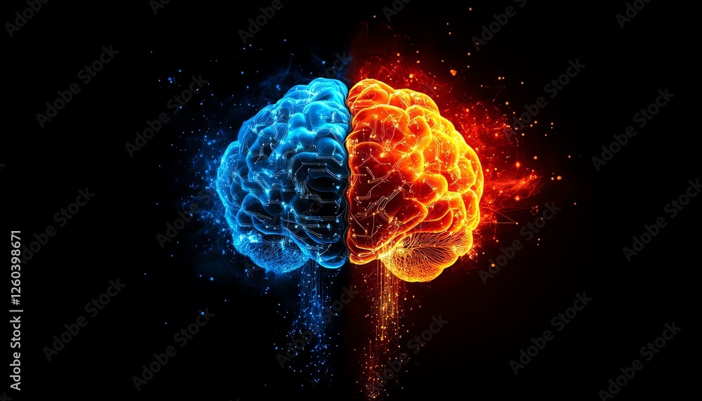 Poster concept of half digital brain and half biological brain, blending artificial intelligence with human