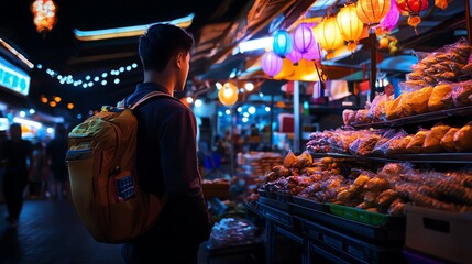 Naklejka premium A traveler explores a vibrant night market, illuminated by colorful lanterns. The bustling atmosphere features an array of local delicacies, enticing aromas, and unique souvenirs.