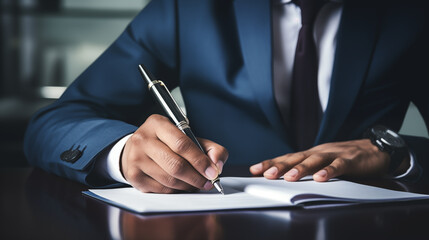 Businessman use elegant pen to signing contract in modern office. The entrepreneur employs a pen to create a notation on the booking schedule.