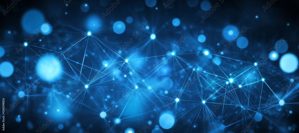 Poster abstract blue network background. connected dots and lines with bokeh effect background.