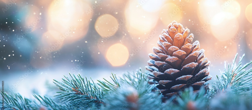Poster close-up of a pinecone on a snow-covered tree branch with a festive blurred christmas background and