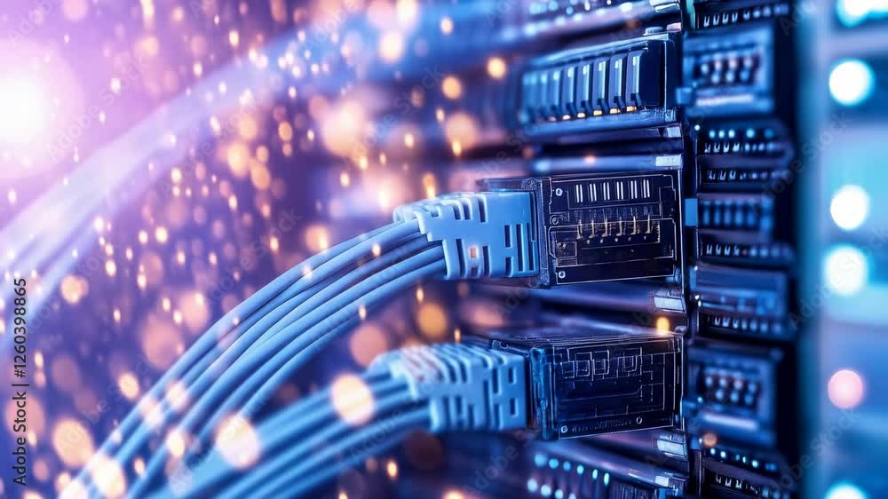 Poster exploring the intricacies of high-speed data connections in a modern server room with fiber optic ca