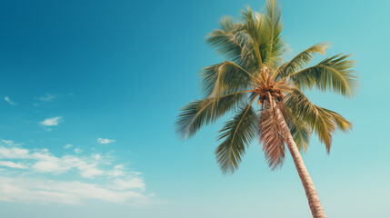 Coconut palm tree under blue sky . Vintage style. Tropical background