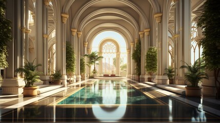 Naklejka premium Elegant interior of a grand entrance with arches, large windows, and lush greenery reflecting tranquil ambiance and opulent design features, Grand Hall of a Gilded Palace