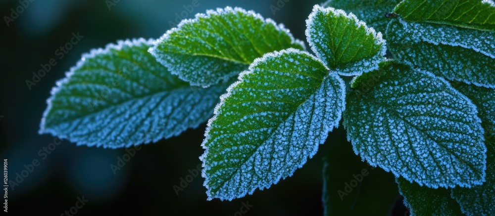 Poster frosted green leaves in twilight forest setting with dark background ideal for text overlay or natur
