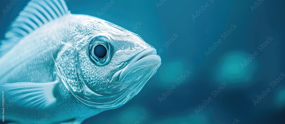Poster underwater close up of a laser etched fish with space for text in a serene aquatic environment for p