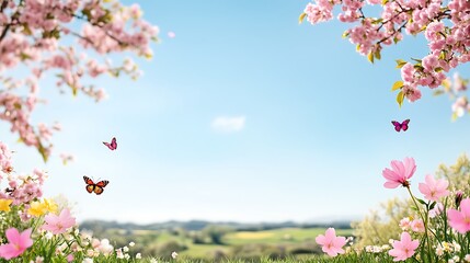 A Beautiful Spring Scene with Colorful Butterflies and Blooming Flowers Under a Clear Blue Sky