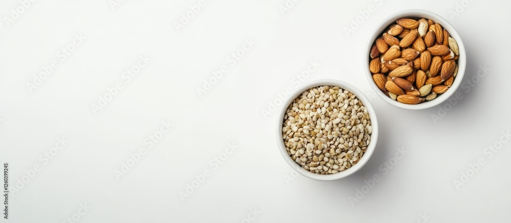 Poster assorted seeds and nuts in bowls on white background showcasing nutritious food options rich in vita