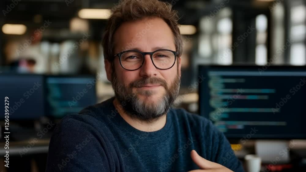 Poster a smiling man with glasses poses in a modern office filled with computer screens, emphasizing a coll