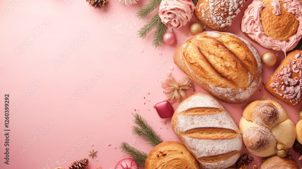 Poster trendy festive bread arrangement on soft pink background with ample space for personalized text or b