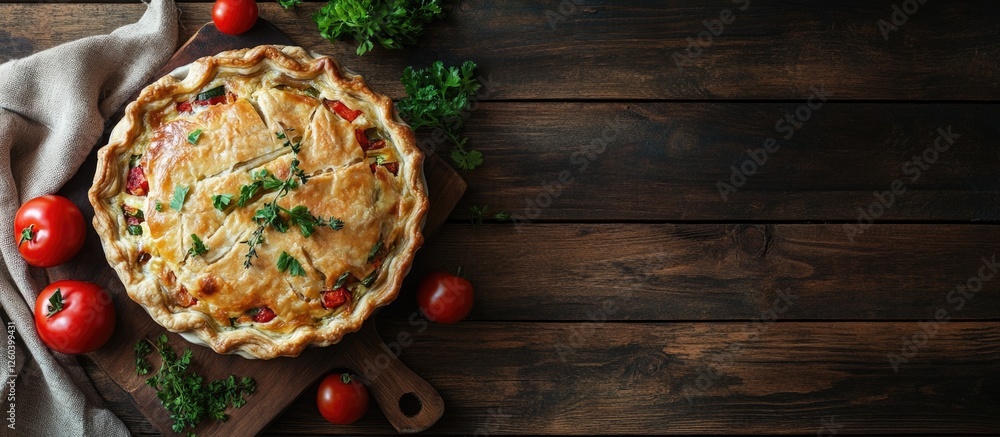 Poster vegetable pie on wooden surface with fresh ingredients and space for text in rustic style ideal for 