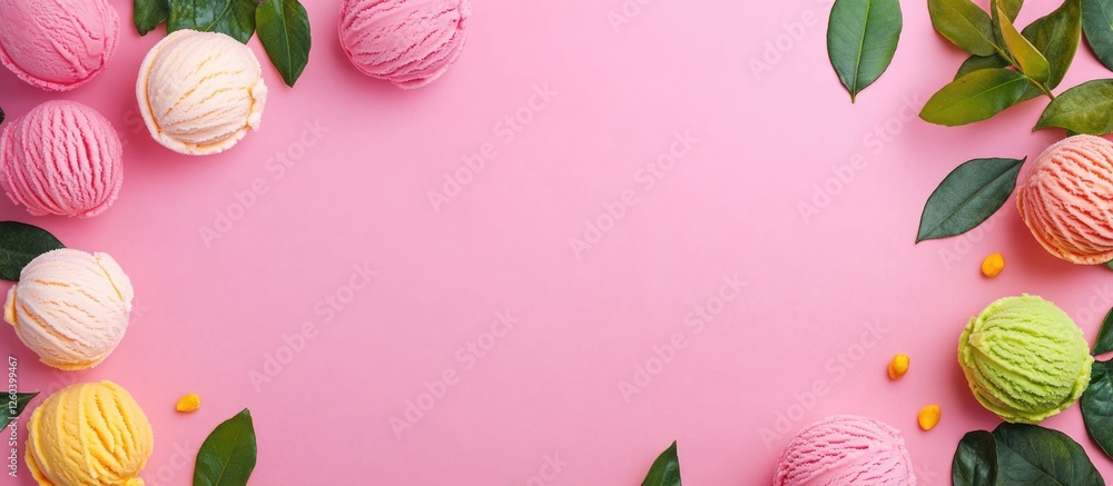 Poster stylish flat lay of colorful ice cream scoops surrounded by greenery on a pink background with empty