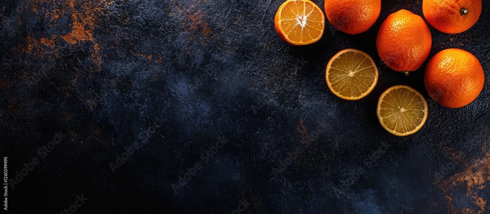 Aufkleber fresh citrus fruits composition whole and sliced on dark textured background with negative space for
