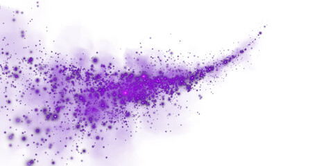 Fantastic purple smoke background. Magic purple smoke with glitter and small particles of twinkling stars. Fog with luminous particles. Purple vapor with stardust. Morning fog over land or water. PNG.