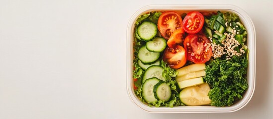 Fresh Vegan Salad in Organic Lunch Box Featuring Lettuce Tomatoes Cucumbers Zucchini and Parsley with Space for Text Vegetarian Meal