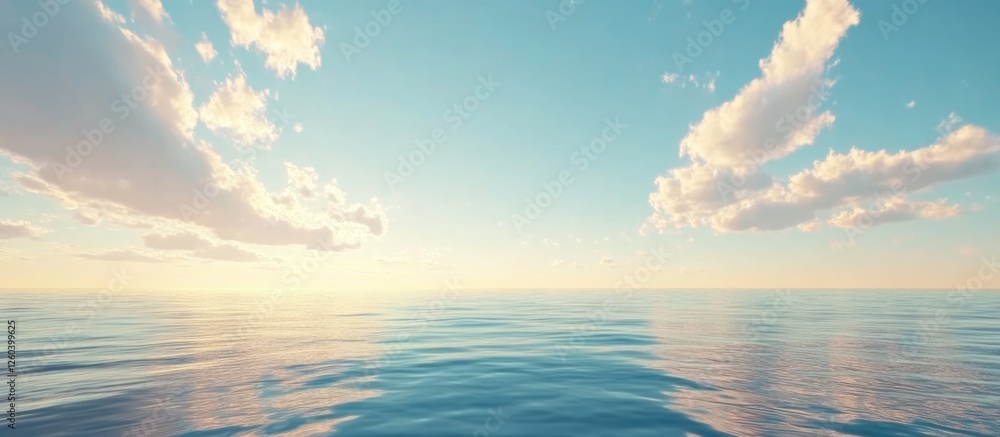 Poster tranquil ocean landscape under a serene sky with soft clouds and ample space for custom text or bran