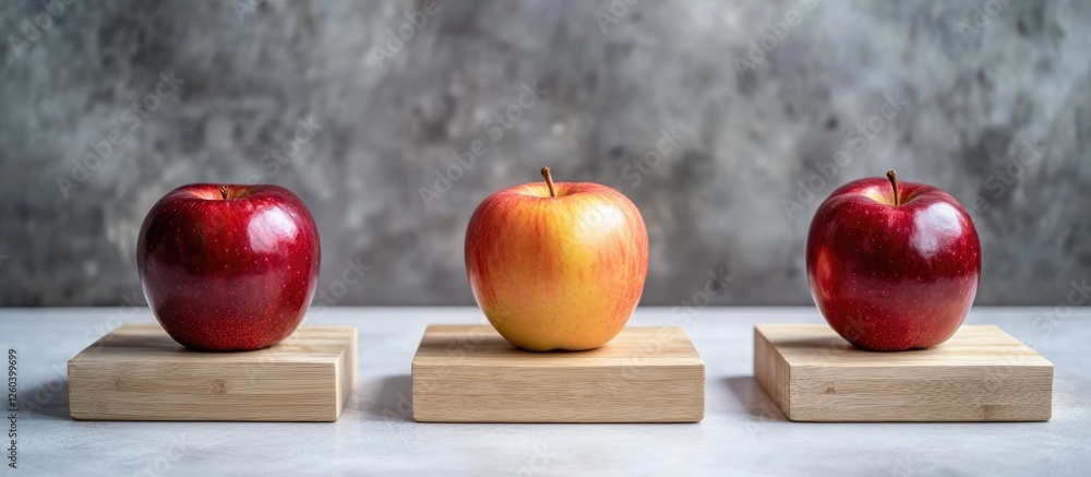 Poster colorful apples arranged on wooden blocks with textured background and empty space for your creative