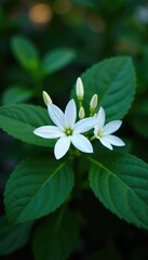 Delicate white blooms on dark green foliage at dusk, garden decor, shiuli,