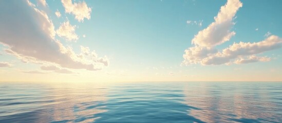 Tranquil ocean landscape under a serene sky with soft clouds and ample space for custom text or branding needs