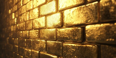 Golden Brick Wall: Shimmering Textures, Luxurious Design, Architectural Brilliance, Elegant Golden Hues, Warm Sunset Glow, Gleaming Surface