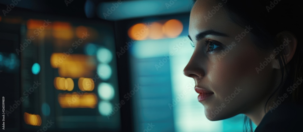 Poster focused woman analyzing complex data trends on computer screen in a tech-savvy business environment 
