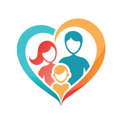 Colorful illustration depicts a loving family of three nestled inside a vibrant heart shape.