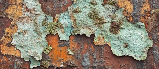 Textured surface of aged and rusty bricks with peeling paint and moss creating a rustic and weathered appearance for architectural backgrounds.